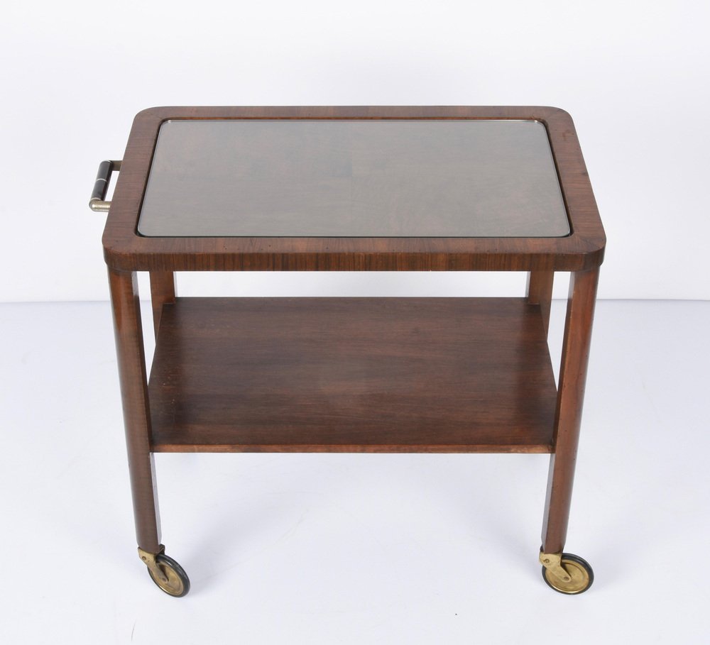 Italian Art Deco Solid Walnut and Glass Two-Tier Trolley Bar, 1940s