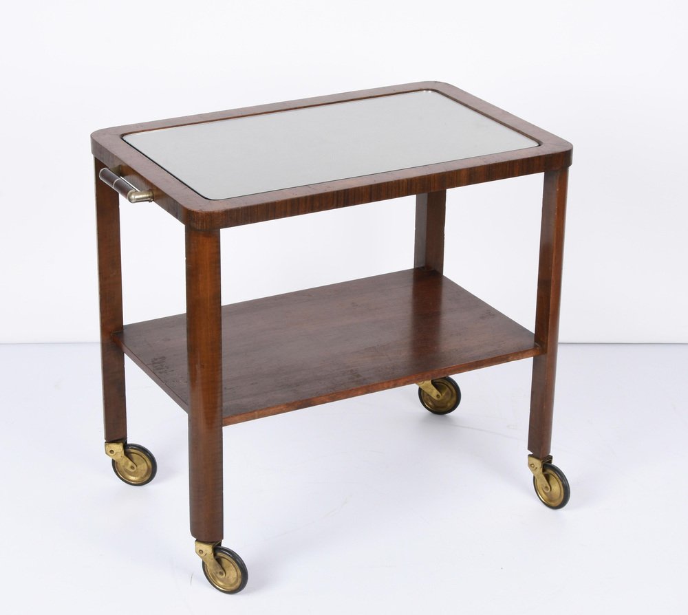 Italian Art Deco Solid Walnut and Glass Two-Tier Trolley Bar, 1940s