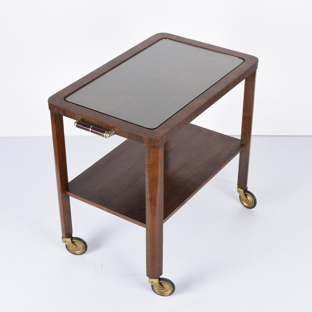 Italian Art Deco Solid Walnut and Glass Two-Tier Trolley Bar, 1940s