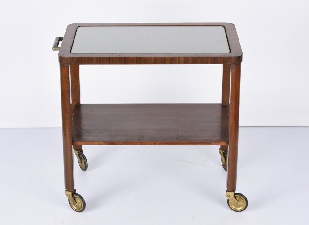 Italian Art Deco Solid Walnut and Glass Two-Tier Trolley Bar, 1940s