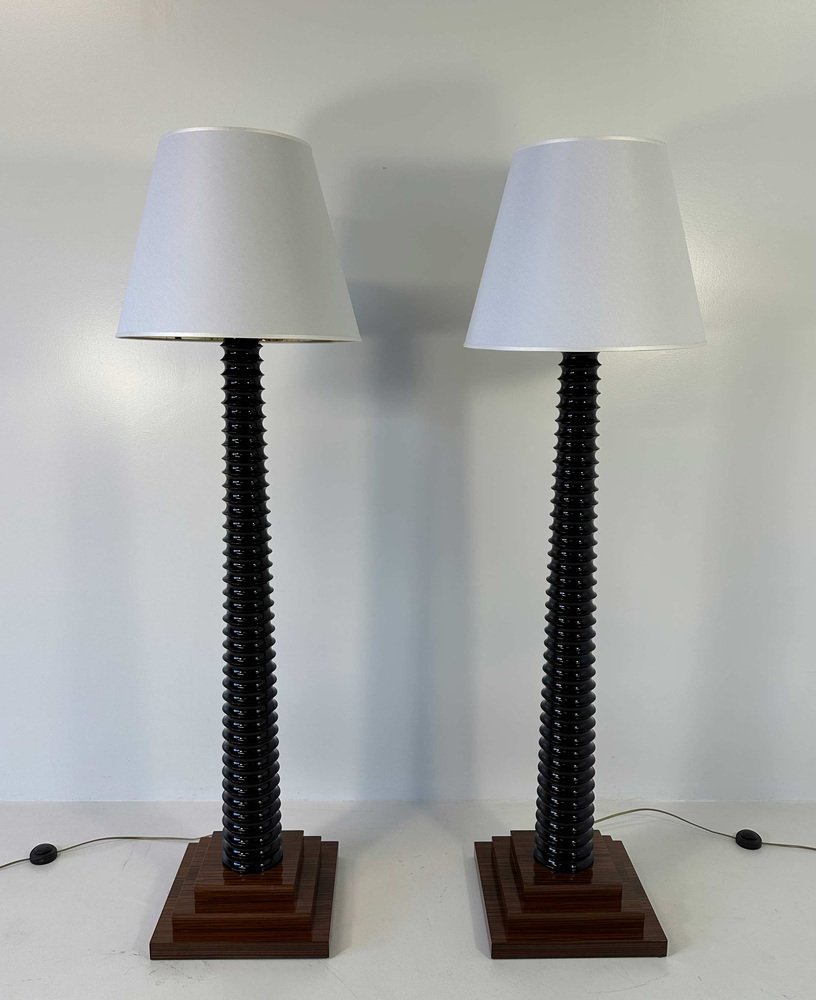 Italian Art Deco Style Black Lacquered Wood Floor Lamps with Velvet Shades, 1980s, Set of 2