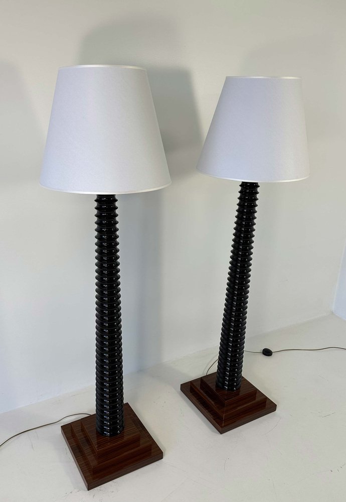 Italian Art Deco Style Black Lacquered Wood Floor Lamps with Velvet Shades, 1980s, Set of 2