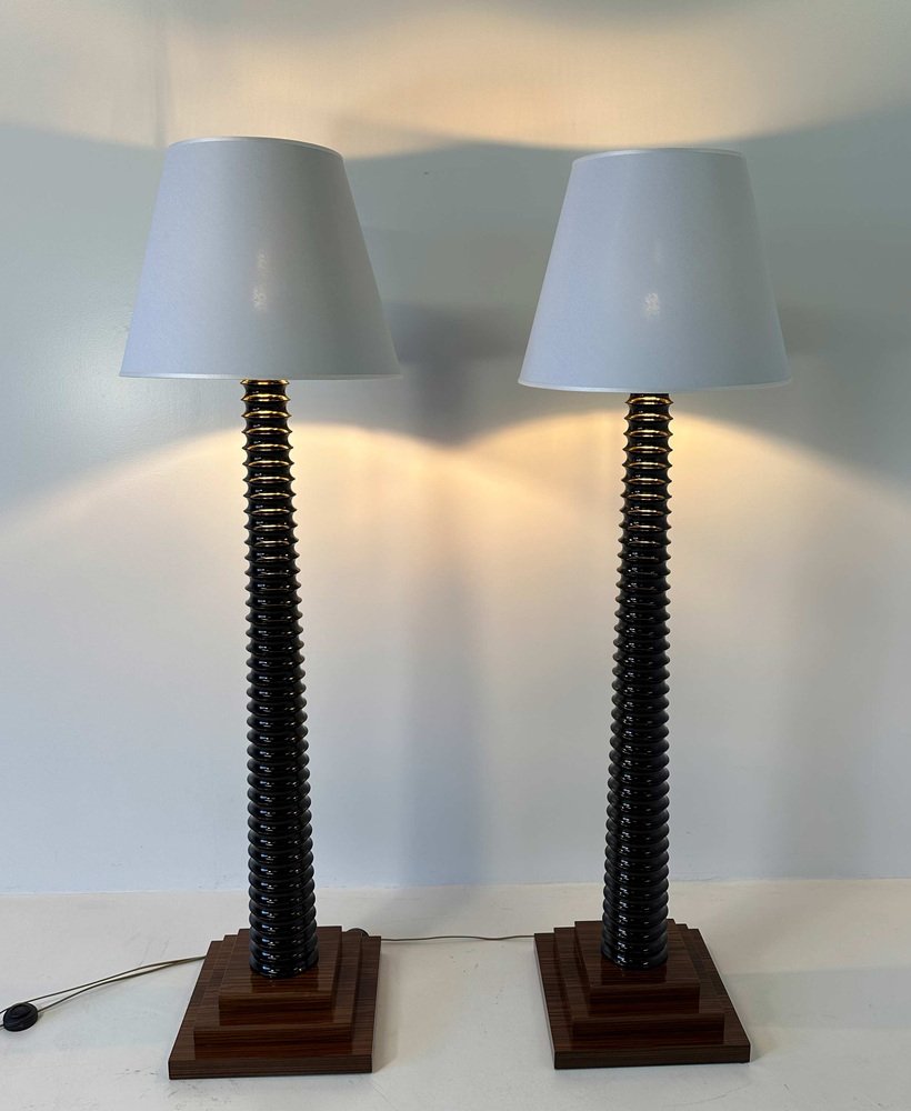 Italian Art Deco Style Black Lacquered Wood Floor Lamps with Velvet Shades, 1980s, Set of 2