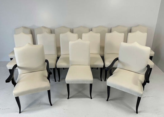 Italian Art Deco Style Cream Velvet and Black Lacquered Chairs, 1980s, Set of 16