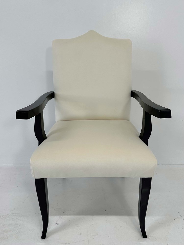 Italian Art Deco Style Cream Velvet and Black Lacquered Chairs, 1980s, Set of 16