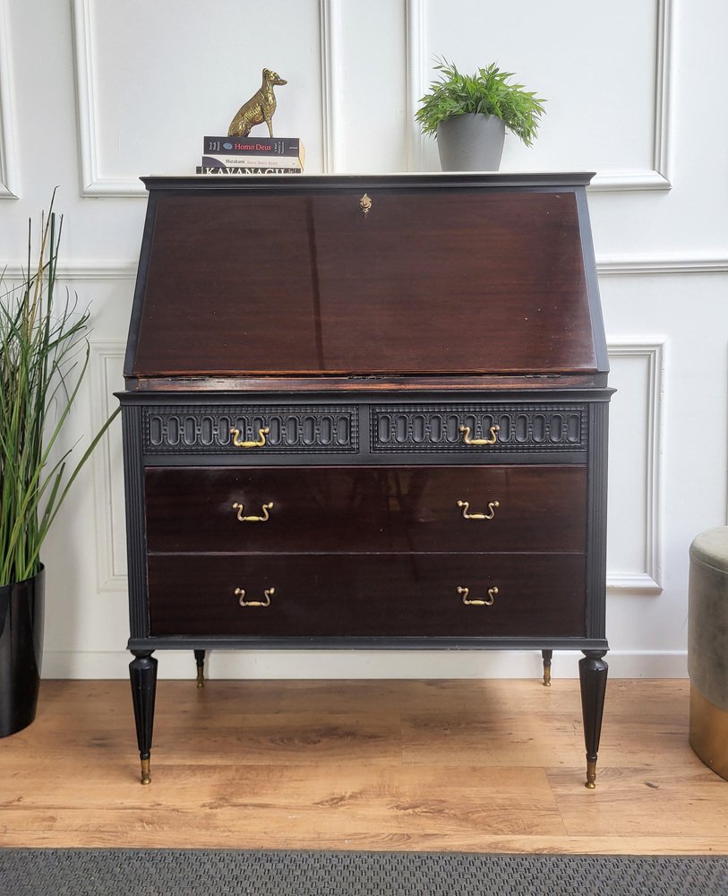 Italian Art Deco Walnut Marble Slant Front Secretary, 1960s