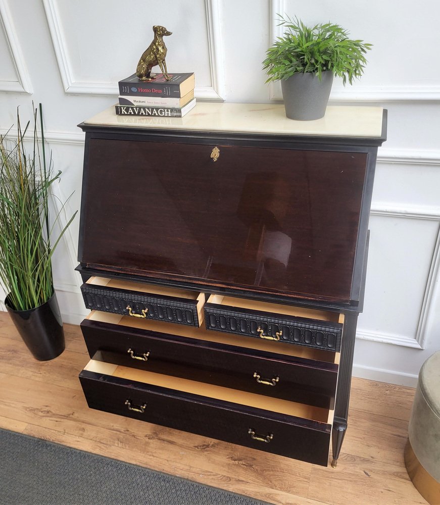 Italian Art Deco Walnut Marble Slant Front Secretary, 1960s