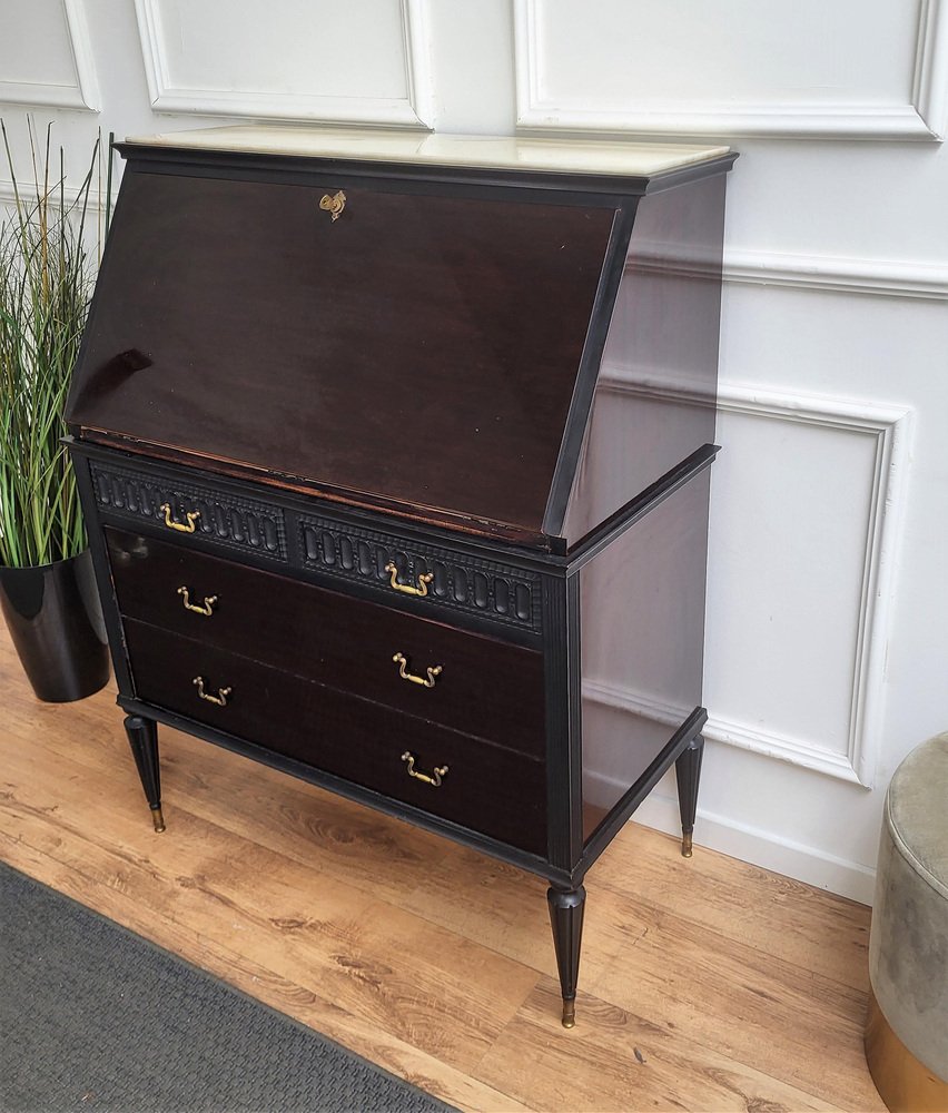 Italian Art Deco Walnut Marble Slant Front Secretary, 1960s