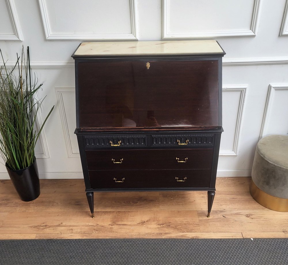 Italian Art Deco Walnut Marble Slant Front Secretary, 1960s