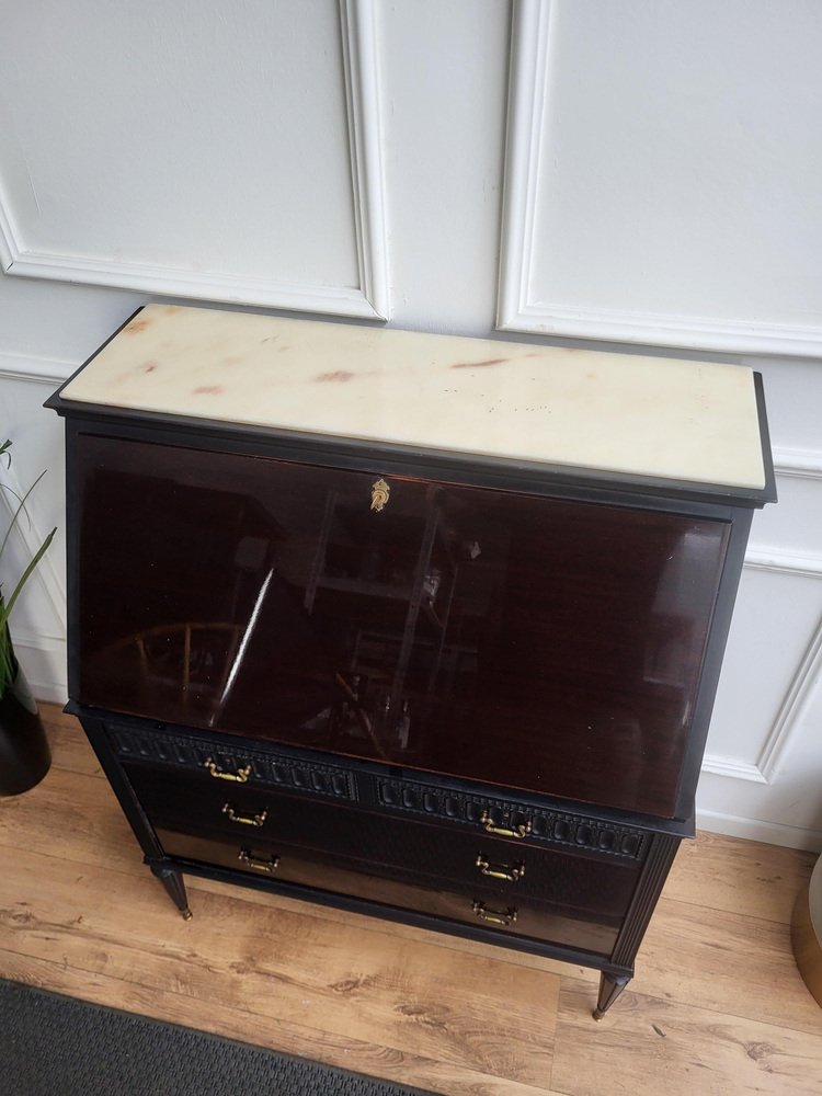 Italian Art Deco Walnut Marble Slant Front Secretary, 1960s