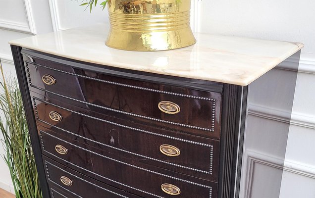 Italian Art Deco Wood and White Marble Tallboy Chest of Drawers, 1950s-EUP-1342899