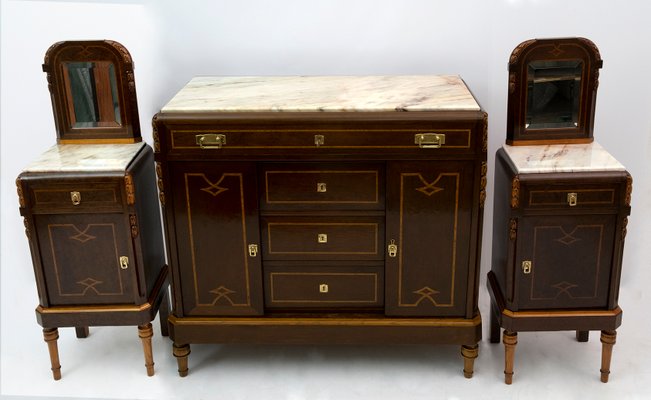 Italian Art Nouveau Bedside Tables and Dresser in Thuja Briar and Portuguese Pink Marble, 1920s, Set of 3-FER-1061100