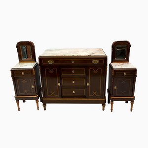 Italian Art Nouveau Bedside Tables and Dresser in Thuja Briar and Portuguese Pink Marble, 1920s, Set of 3-FER-1061100