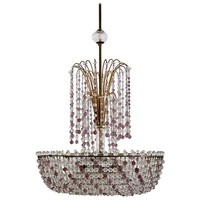 Italian Art Nouveau Handcrafted Murano Glass Waterfall Chandelier in Brass and Crystal-VNE-965975