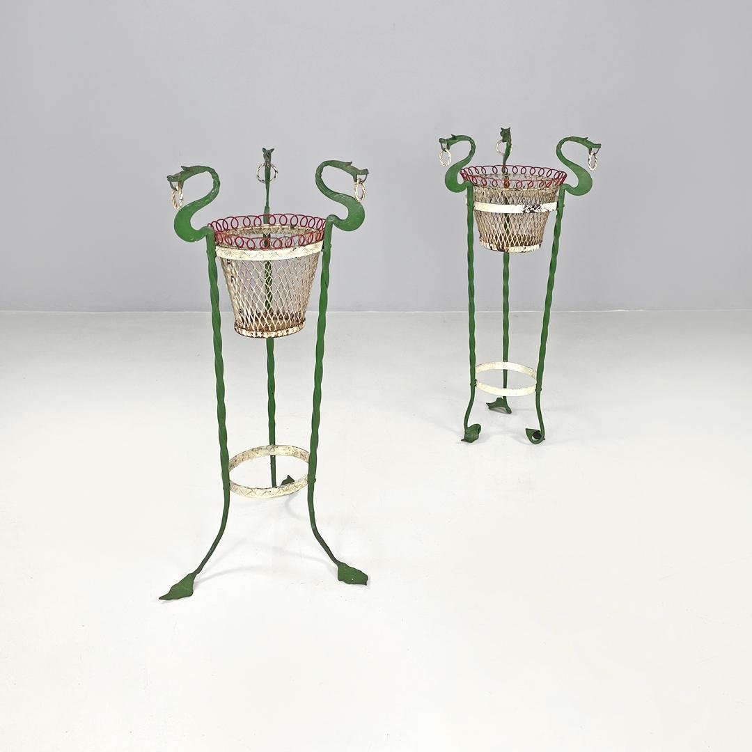 Italian Art Nouveau White Green Wrought Iron Vase Holders with Dragons, 1900s, Set of 2