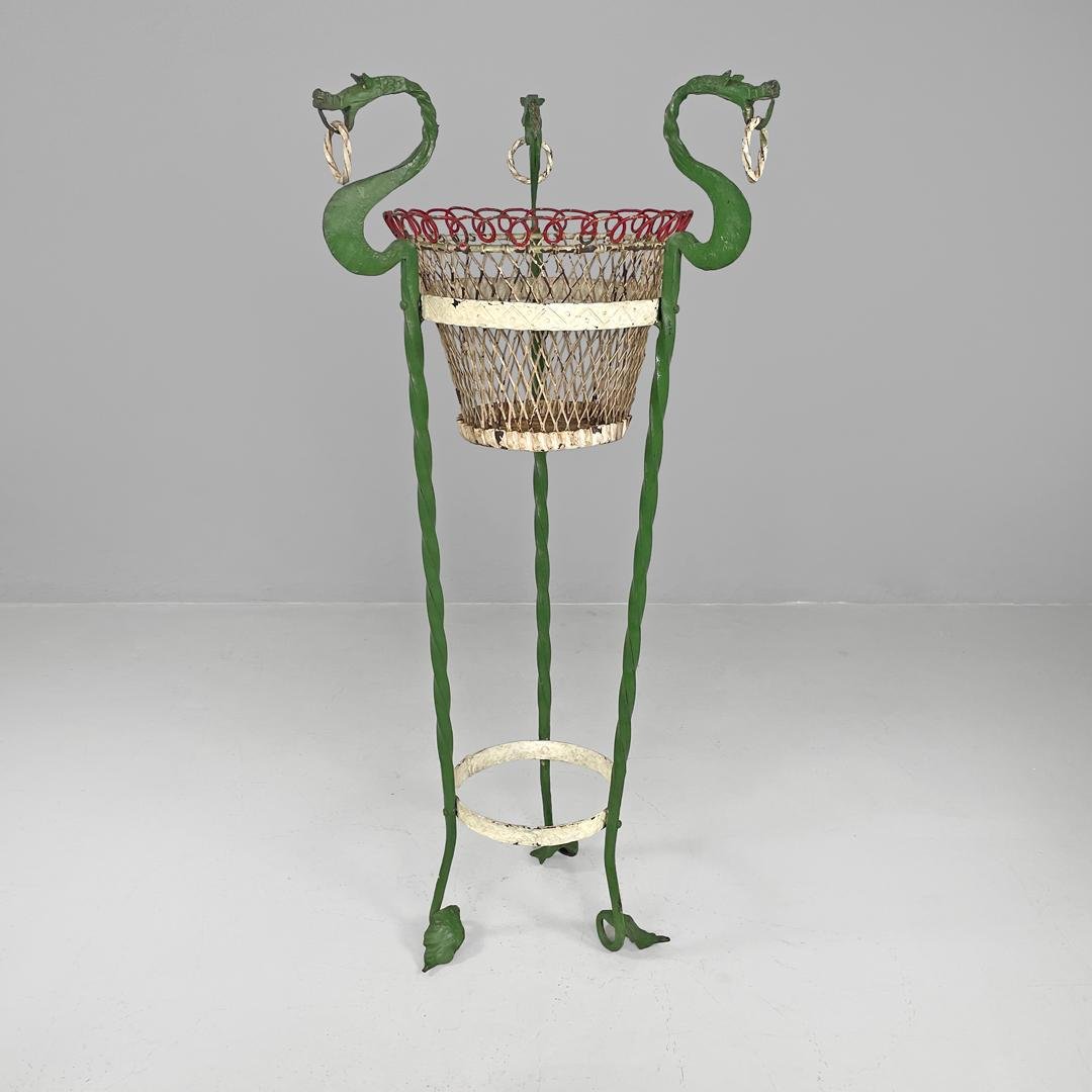 Italian Art Nouveau White Green Wrought Iron Vase Holders with Dragons, 1900s, Set of 2