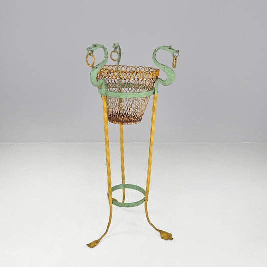 Italian Art Nouveau Yellow and Green Wrought Iron Vase Holder with Dragons, 1900s