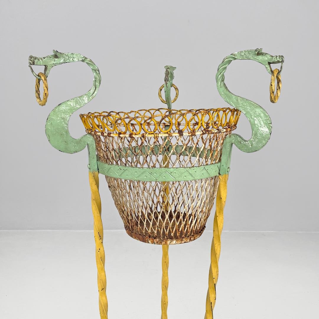 Italian Art Nouveau Yellow and Green Wrought Iron Vase Holder with Dragons, 1900s