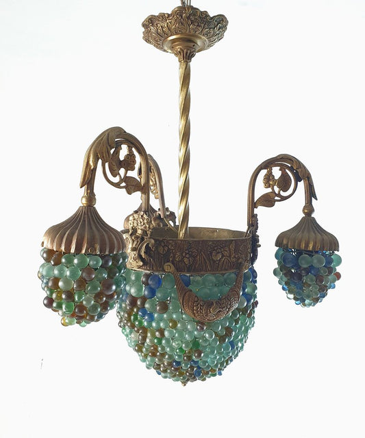 Italian Art Noveau Chandelier in Bronze & Glass Beads