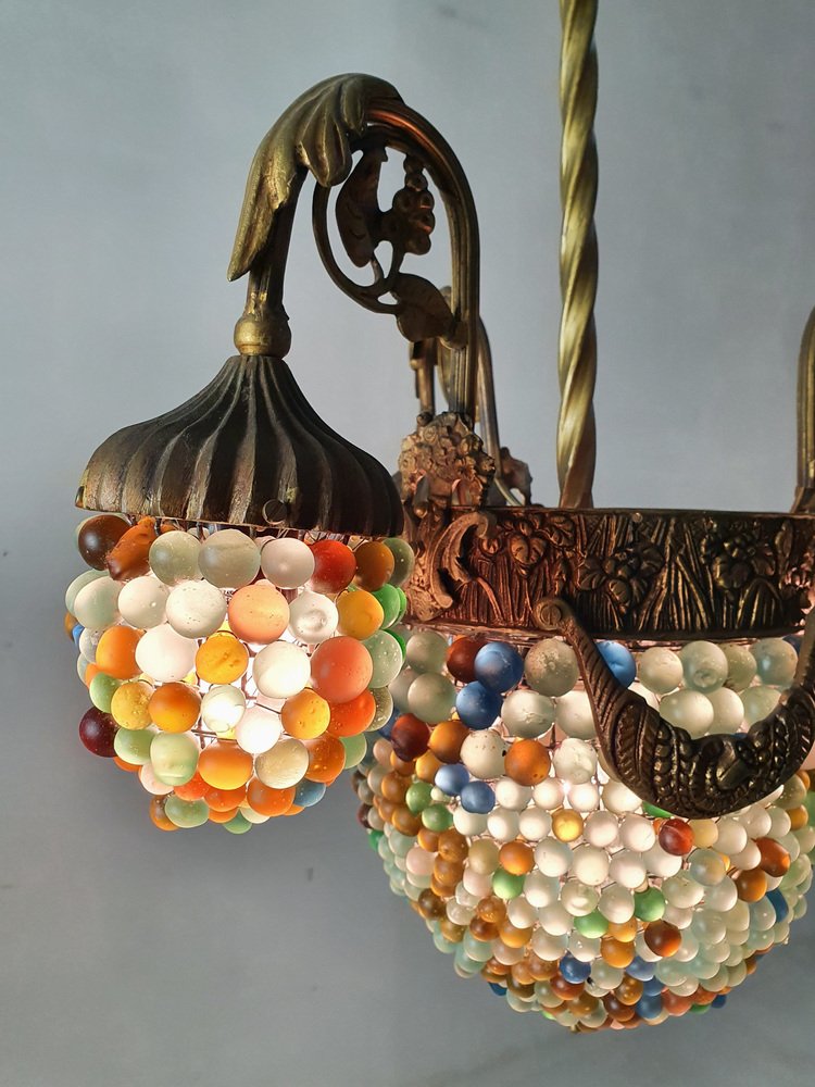 Italian Art Noveau Chandelier in Bronze & Glass Beads