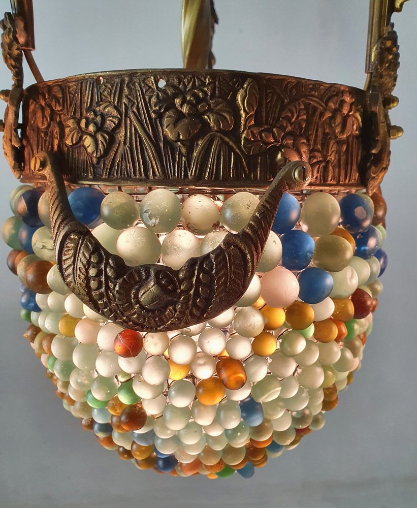 Italian Art Noveau Chandelier in Bronze & Glass Beads