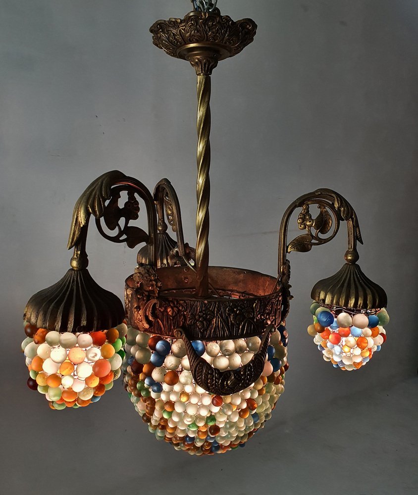 Italian Art Noveau Chandelier in Bronze & Glass Beads