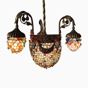 Italian Art Noveau Chandelier in Bronze & Glass Beads-FO-1262415