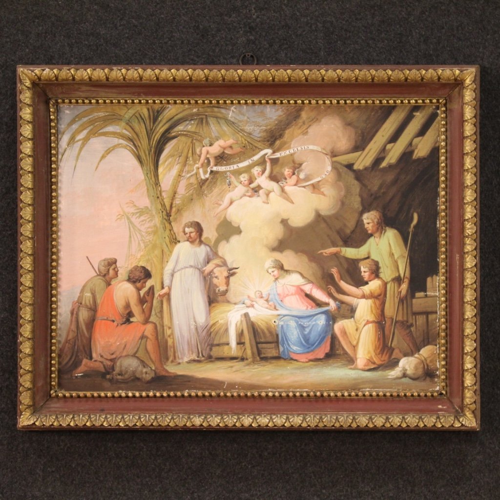 Italian Artist, Adoration of the Shepherds, 19th Century, Tempera on Paper on Canvas