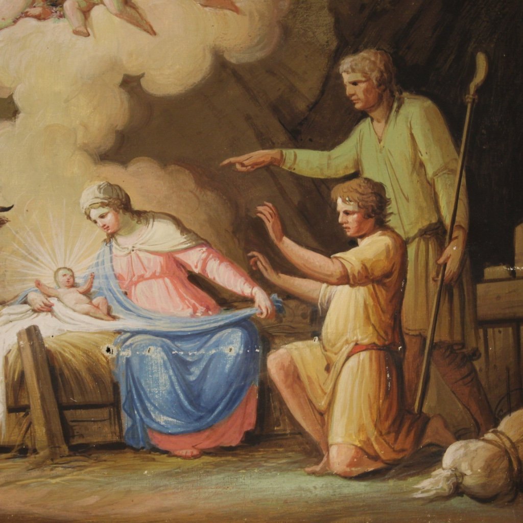 Italian Artist, Adoration of the Shepherds, 19th Century, Tempera on Paper on Canvas