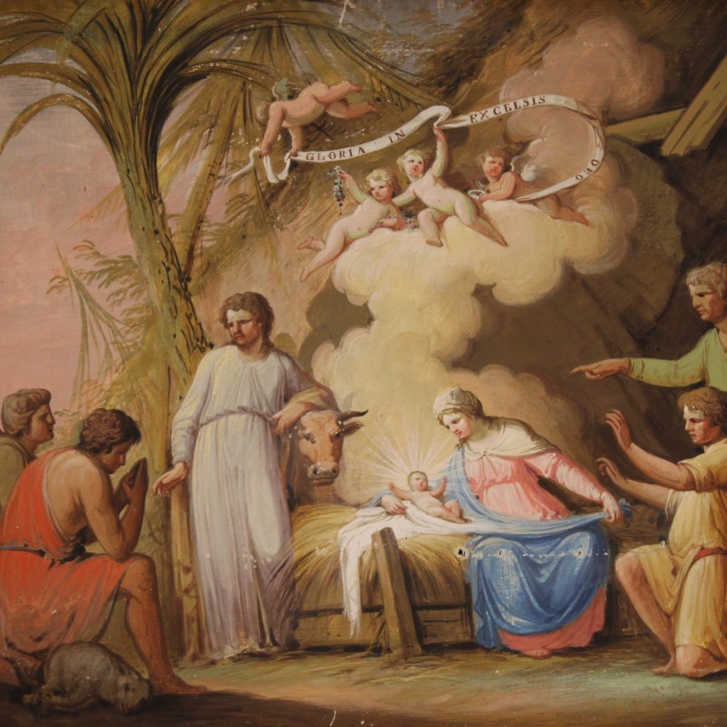 Italian Artist, Adoration of the Shepherds, 19th Century, Tempera on Paper on Canvas