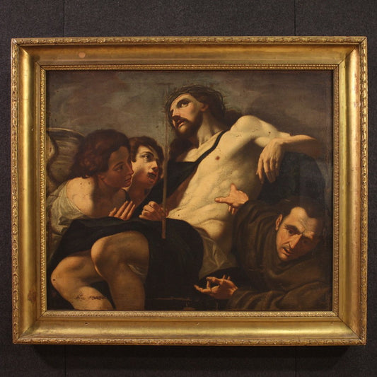 Italian Artist, Christ Adored by Angels and Saint Bonaventure, 1680, Oil on Canvas, Framed