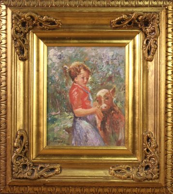 Italian Artist, Girl with a Calf, Mid-20th Century, Oil on Board-RP-1340619