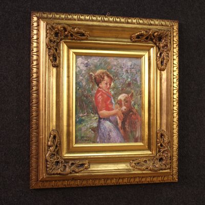 Italian Artist, Girl with a Calf, Mid-20th Century, Oil on Board-RP-1340619