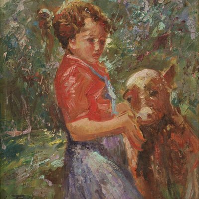 Italian Artist, Girl with a Calf, Mid-20th Century, Oil on Board-RP-1340619