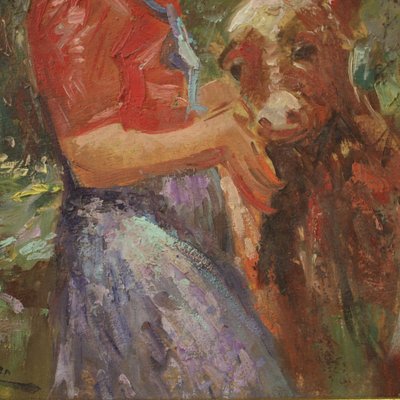 Italian Artist, Girl with a Calf, Mid-20th Century, Oil on Board-RP-1340619