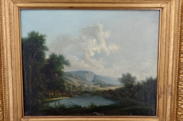 Italian Artist, Grand Tour Romantic Lake Scene, 19th Century, Oil Painting, Framed-XNH-1804557