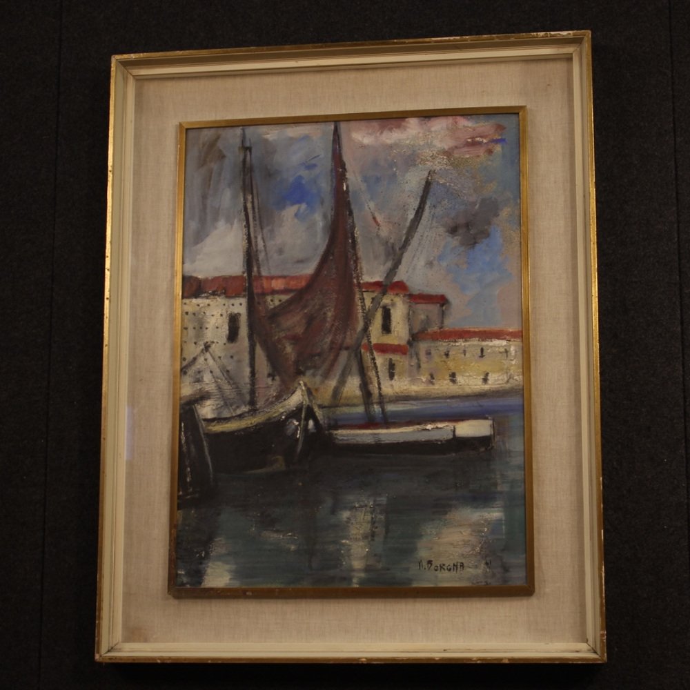 Italian Artist, Harbor View with Boats, 1970, Oil on Cardboard, Framed