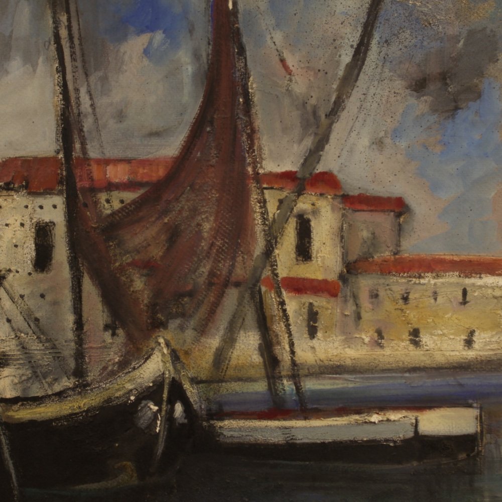 Italian Artist, Harbor View with Boats, 1970, Oil on Cardboard, Framed