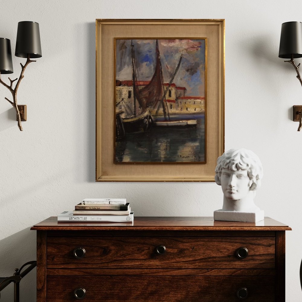 Italian Artist, Harbor View with Boats, 1970, Oil on Cardboard, Framed