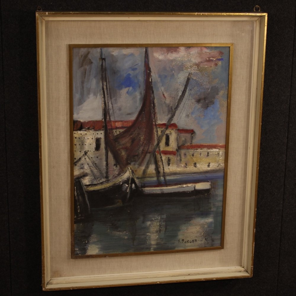 Italian Artist, Harbor View with Boats, 1970, Oil on Cardboard, Framed