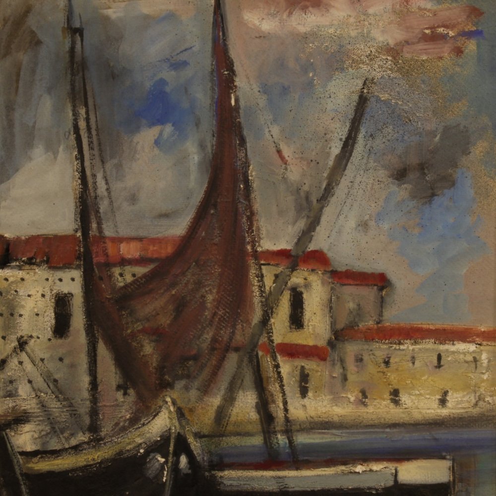 Italian Artist, Harbor View with Boats, 1970, Oil on Cardboard, Framed