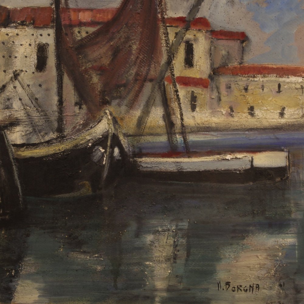 Italian Artist, Harbor View with Boats, 1970, Oil on Cardboard, Framed