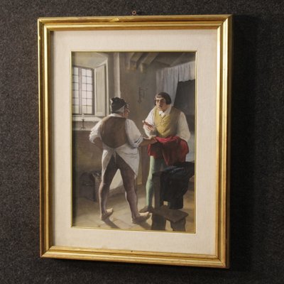 Italian Artist, Interior Scene with Characters, 1970, Mixed Media on Cardboard, Framed-RP-1823685