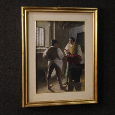 Italian Artist, Interior Scene with Characters, 1970, Mixed Media on Cardboard, Framed