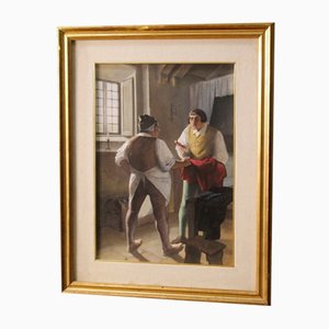 Italian Artist, Interior Scene with Characters, 1970, Mixed Media on Cardboard, Framed-RP-1823685