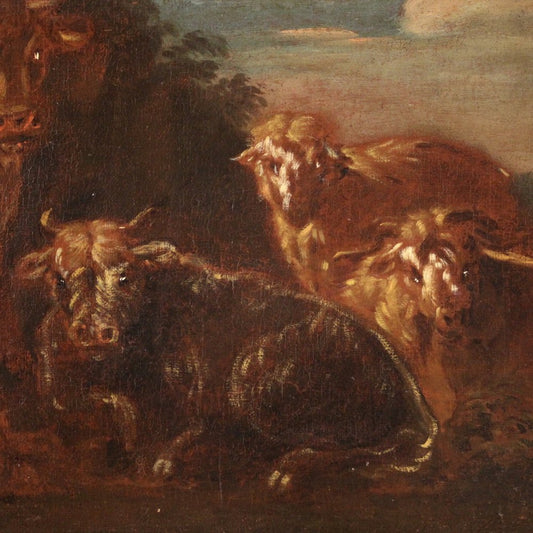 Italian Artist, Landscape with Grazing Goats and Cows, 1680, Oil on Canvas