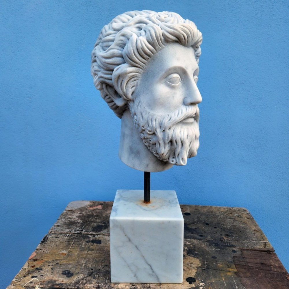 Italian Artist, Marcus Aurelius Head, Carrara Marble, 19th Century