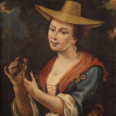 Italian Artist, Portrait of a Girl with a Goldfinch, 18th Century, Oil on Canvas, Framed-RP-1792569