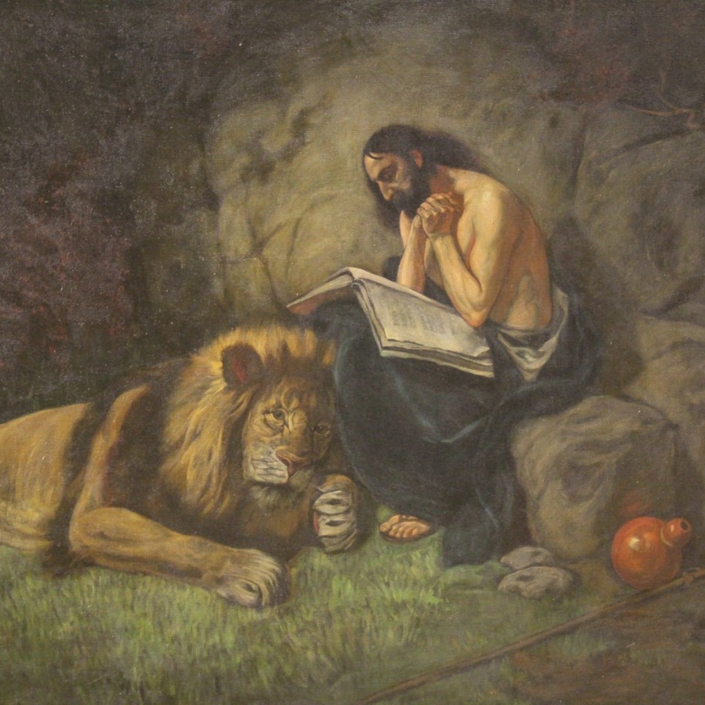 Italian Artist, Saint Jerome with Lion, 1950, Mixed Media, Framed