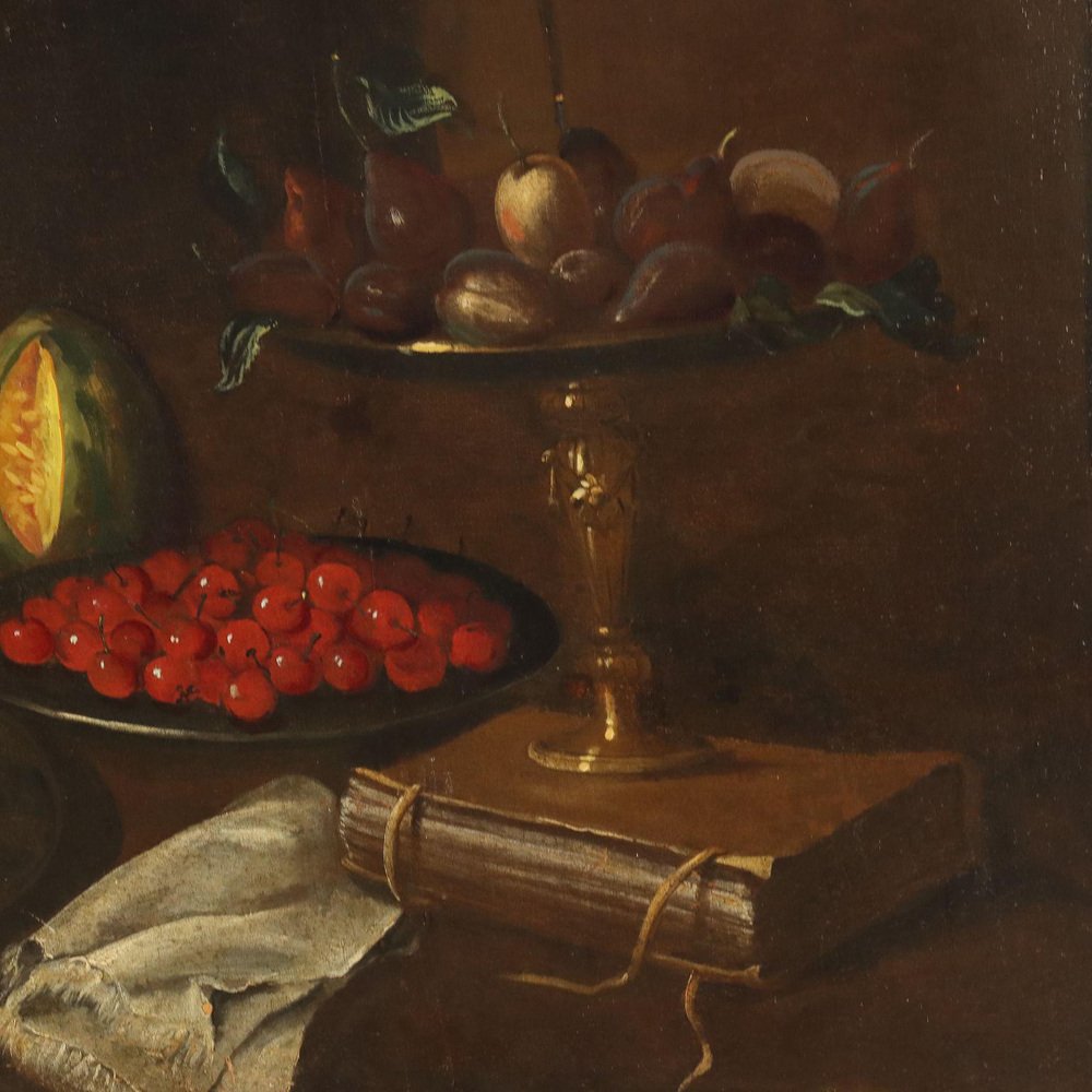 Italian Artist, Still Life with Fruit, Vegetables and Cat, 1600s, Oil on Canvas